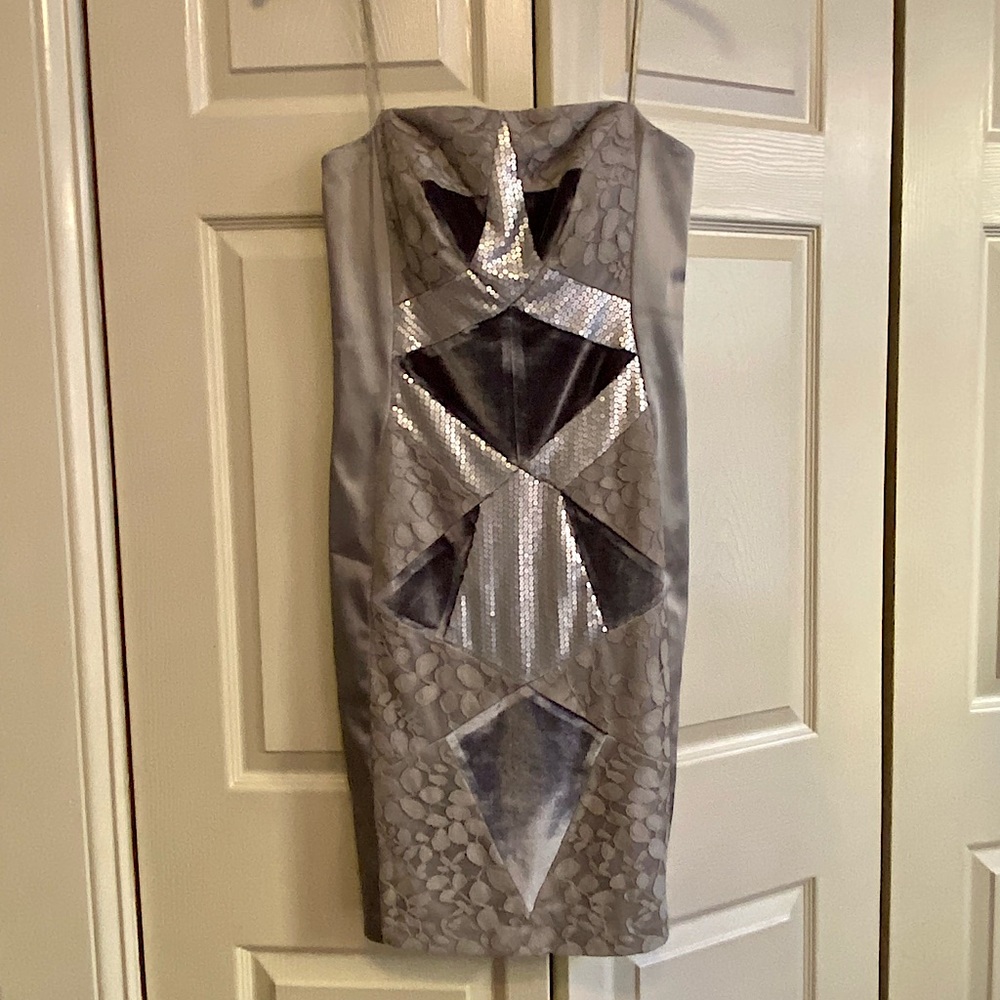 JAX Silver Grey Satin Lace Sequin Velvet Dress